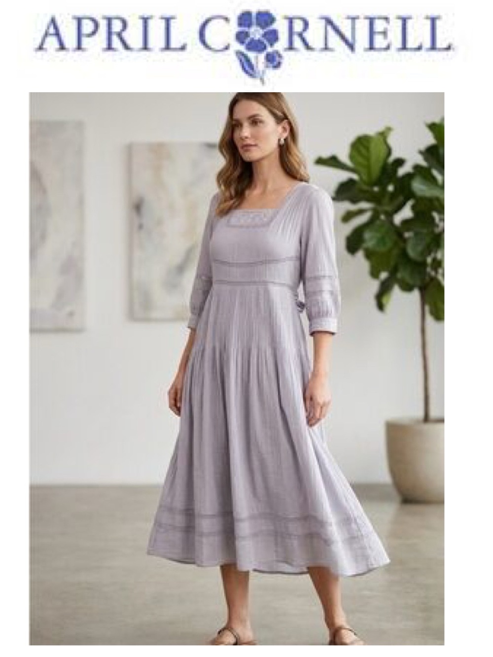 NWT April Cornell Soft Lavender/Grey Square-Neck Midi Bespoke Dress